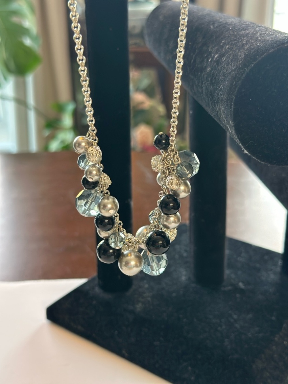 Silver-Tone Cluster Necklace with Black, Silver and Rhinestone  Beads